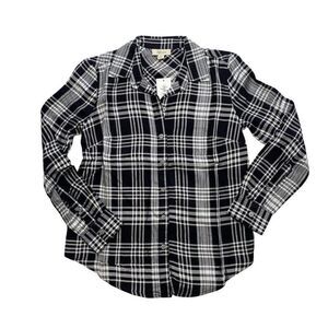 Style & Co Plaid Utility‎ Shirt Top Petite Black White Gray Women's Button-Front